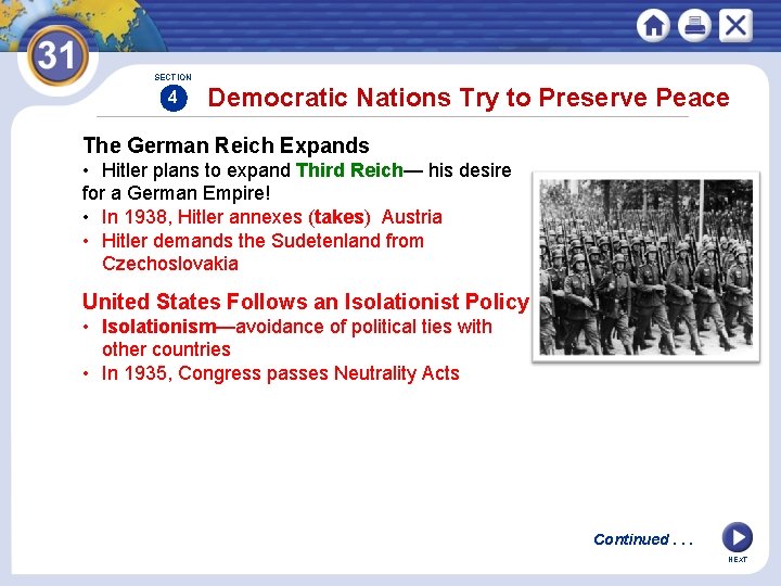 SECTION 4 Democratic Nations Try to Preserve Peace The German Reich Expands • Hitler