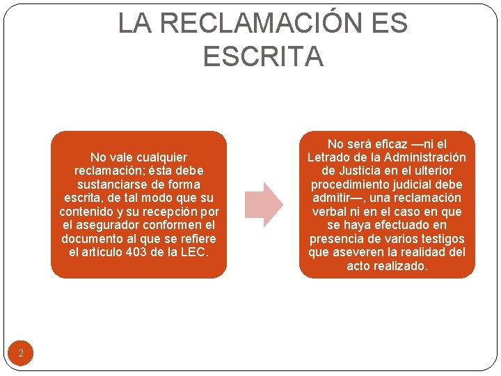 LA RECLAMACIÓN ES ESCRITA No vale cualquier reclamación; ésta debe sustanciarse de forma escrita,