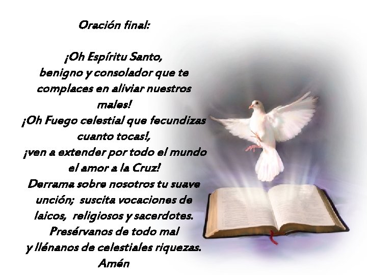 Oración final: ¡Oh Espíritu Santo, benigno y consolador que te complaces en aliviar nuestros