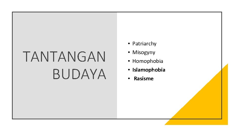 TANTANGAN BUDAYA • • • Patriarchy Misogyny Homophobia Islamophobia Rasisme 