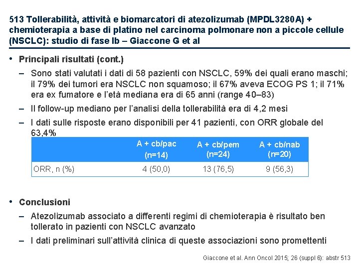 513 Tollerabilità, attività e biomarcatori di atezolizumab (MPDL 3280 A) + chemioterapia a base