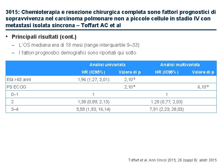 3015: Chemioterapia e resezione chirurgica completa sono fattori prognostici di sopravvivenza nel carcinoma polmonare