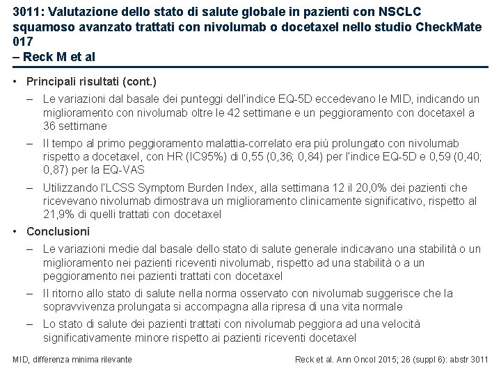 3011: Valutazione dello stato di salute globale in pazienti con NSCLC squamoso avanzato trattati