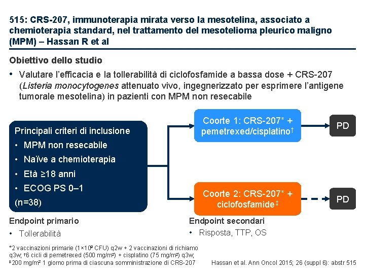 515: CRS-207, immunoterapia mirata verso la mesotelina, associato a chemioterapia standard, nel trattamento del