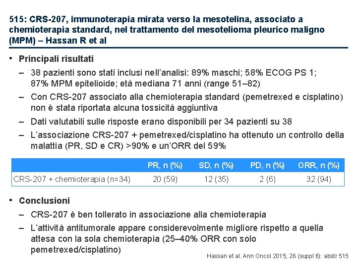 515: CRS-207, immunoterapia mirata verso la mesotelina, associato a chemioterapia standard, nel trattamento del