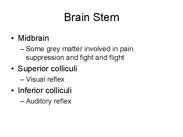 Brain Stem • Midbrain – Some grey matter involved in pain suppression and fight