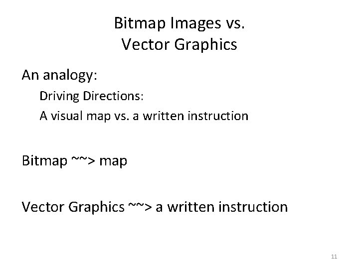 Bitmap Images vs. Vector Graphics An analogy: Driving Directions: A visual map vs. a