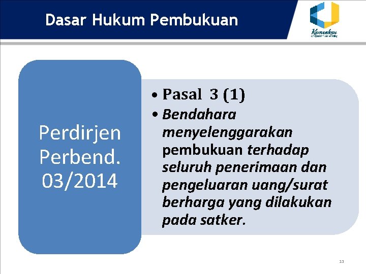 Dasar Hukum Pembukuan Perdirjen Perbend. 03/2014 • Pasal 3 (1) • Bendahara menyelenggarakan pembukuan