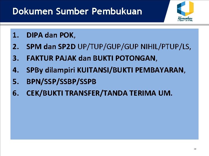 Dokumen Sumber Pembukuan 1. 2. 3. 4. 5. 6. DIPA dan POK, SPM dan