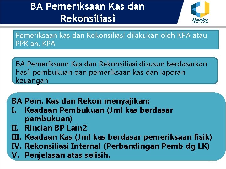 BA Pemeriksaan Kas dan Rekonsiliasi Pemeriksaan kas dan Rekonsiliasi dilakukan oleh KPA atau PPK