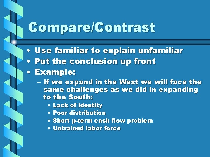 Compare/Contrast • • • Use familiar to explain unfamiliar Put the conclusion up front