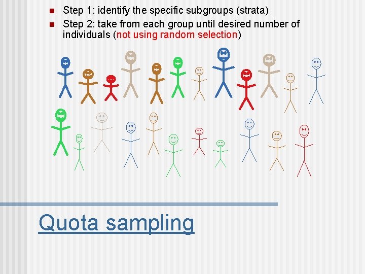 n n Step 1: identify the specific subgroups (strata) Step 2: take from each