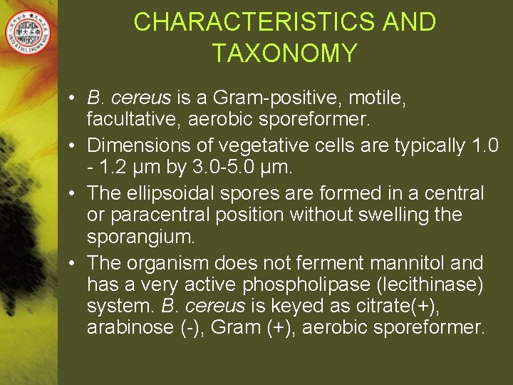 CHARACTERISTICS AND TAXONOMY • B. cereus is a Gram-positive, motile, facultative, aerobic sporeformer. •