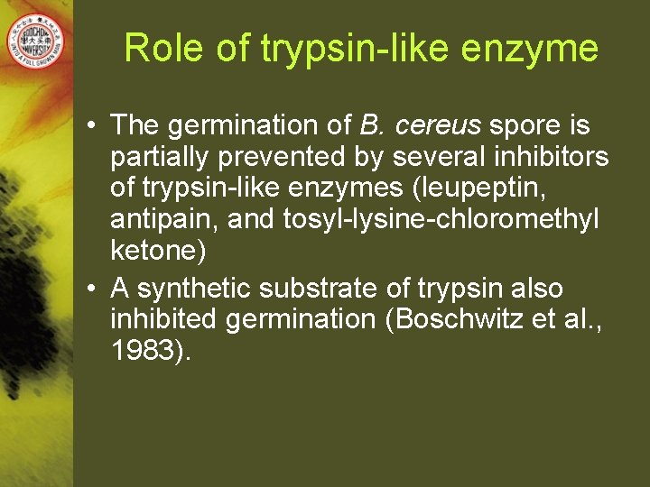 Role of trypsin-like enzyme • The germination of B. cereus spore is partially prevented