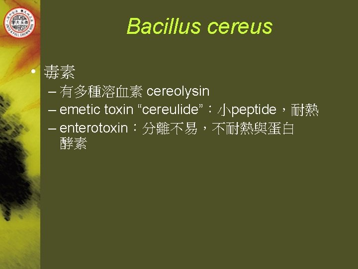 Bacillus cereus • 毒素 – 有多種溶血素 cereolysin – emetic toxin “cereulide”：小peptide，耐熱 – enterotoxin：分離不易，不耐熱與蛋白 酵素