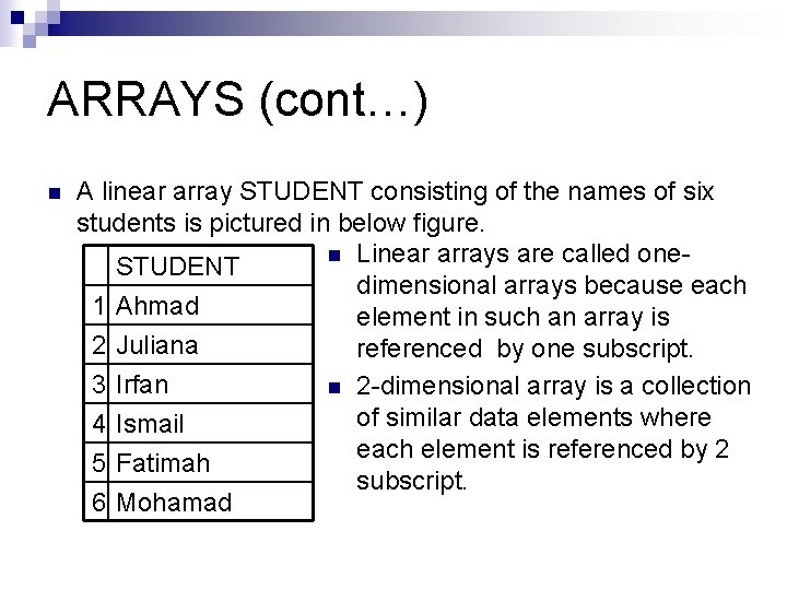 ARRAYS (cont…) n A linear array STUDENT consisting of the names of six students ARRAYS (cont…) n A linear array STUDENT consisting of the names of six students