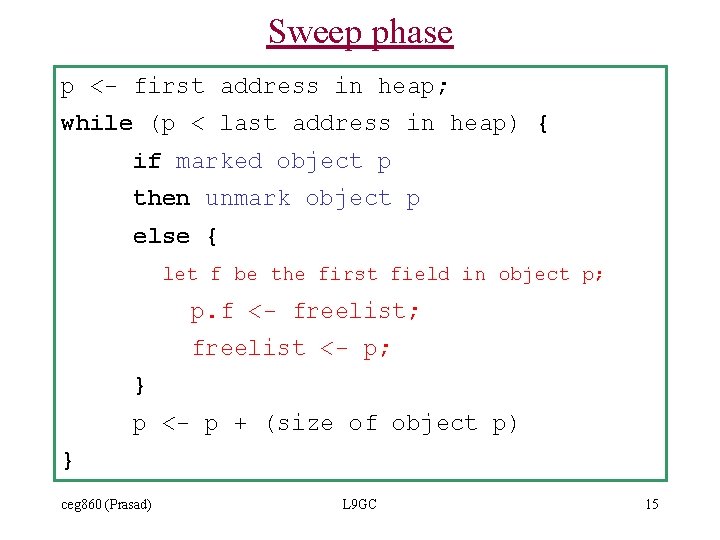 Sweep phase p <- first address in heap; while (p < last address in