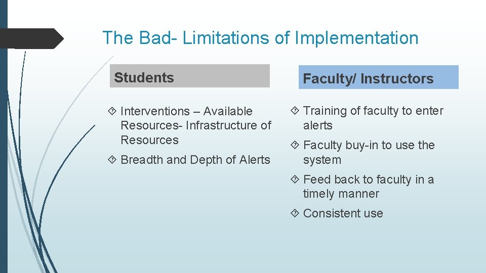 The Bad- Limitations of Implementation Students Interventions – Available Resources- Infrastructure of Resources Breadth