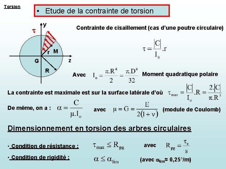 Torsion • Etude de la contrainte de torsion t y Contrainte de cisaillement (cas