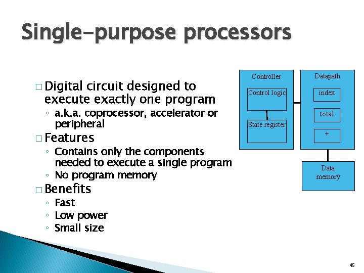 Single-purpose processors � Digital circuit designed to execute exactly one program ◦ a. k.
