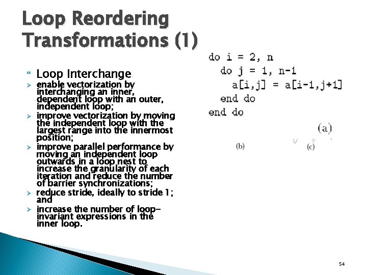 Loop Reordering Transformations (1) Ø Ø Ø Loop Interchange enable vectorization by interchanging an
