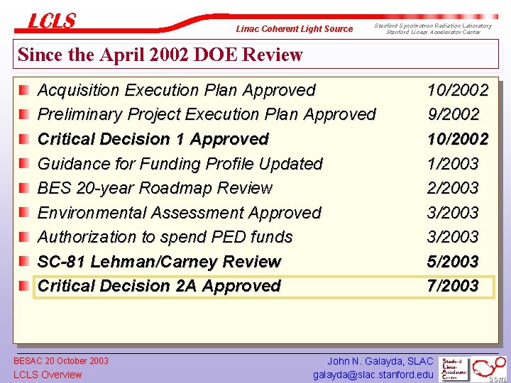 Linac Coherent Light Source Stanford Synchrotron Radiation Laboratory Stanford Linear Accelerator Center Since the