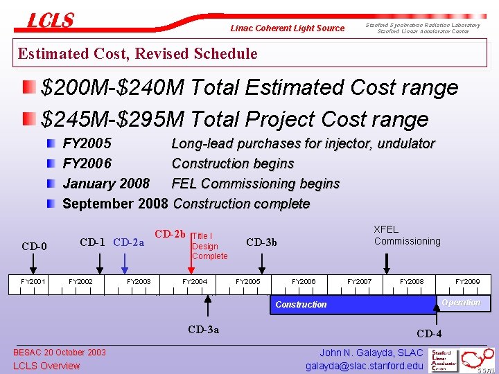 Linac Coherent Light Source Stanford Synchrotron Radiation Laboratory Stanford Linear Accelerator Center Estimated Cost,