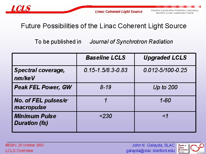Linac Coherent Light Source Stanford Synchrotron Radiation Laboratory Stanford Linear Accelerator Center Future Possibilities
