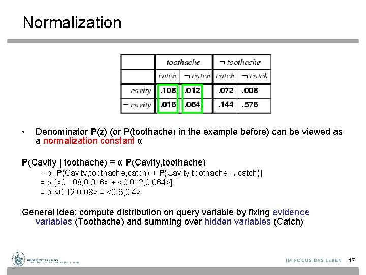 Normalization • Denominator P(z) (or P(toothache) in the example before) can be viewed as