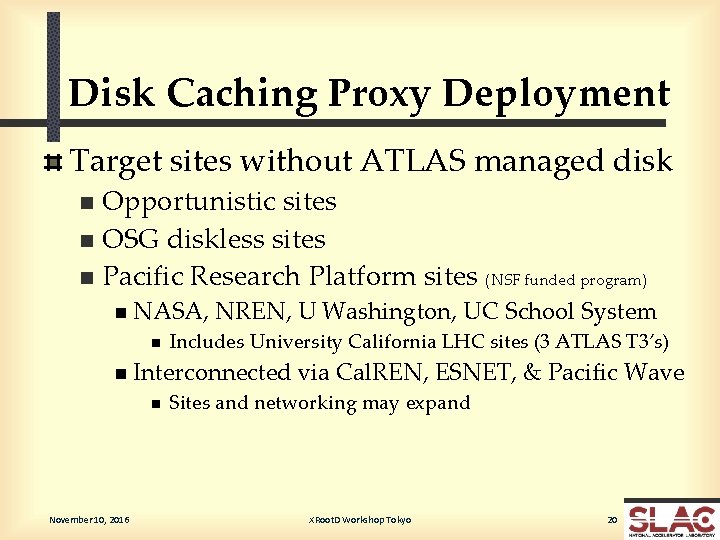 Disk Caching Proxy Deployment Target sites without ATLAS managed disk Opportunistic sites n OSG