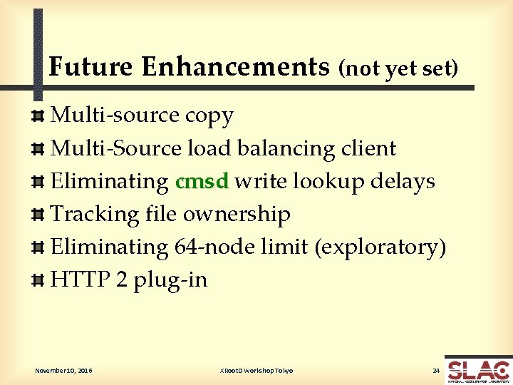 Future Enhancements (not yet set) Multi-source copy Multi-Source load balancing client Eliminating cmsd write