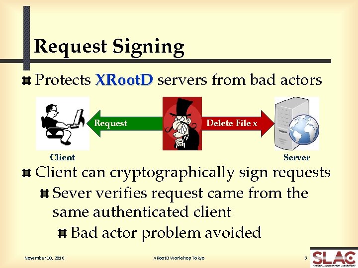 Request Signing Protects XRoot. D servers from bad actors Request Delete Response File x