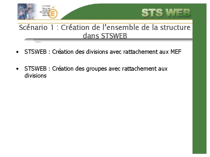 Scénario 1 : Création de l’ensemble de la structure dans STSWEB • STSWEB :
