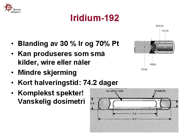 Iridium-192 • Blanding av 30 % Ir og 70% Pt • Kan produseres som