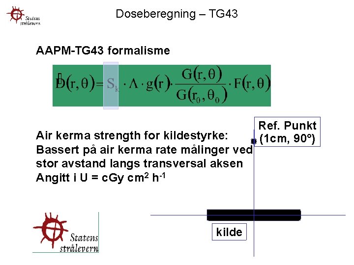 Doseberegning – TG 43 AAPM-TG 43 formalisme Air kerma strength for kildestyrke: Bassert på