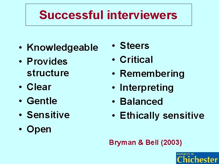 Successful interviewers • Knowledgeable • Provides structure • Clear • Gentle • Sensitive •