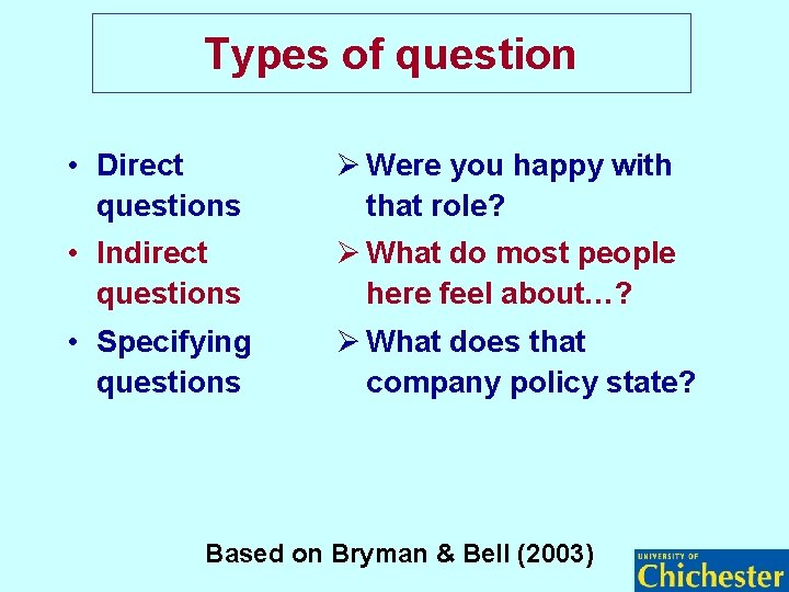 Types of question • Direct questions Ø Were you happy with that role? •