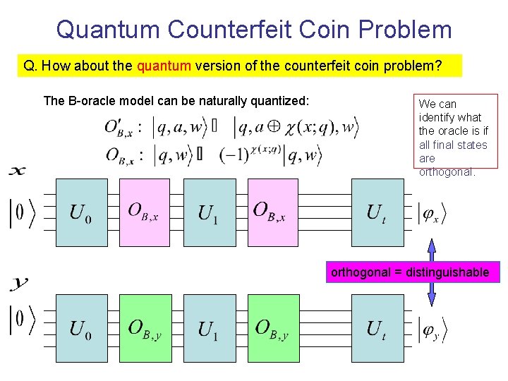 Quantum Counterfeit Coin Problem Q. How about the quantum version of the counterfeit coin Quantum Counterfeit Coin Problem Q. How about the quantum version of the counterfeit coin