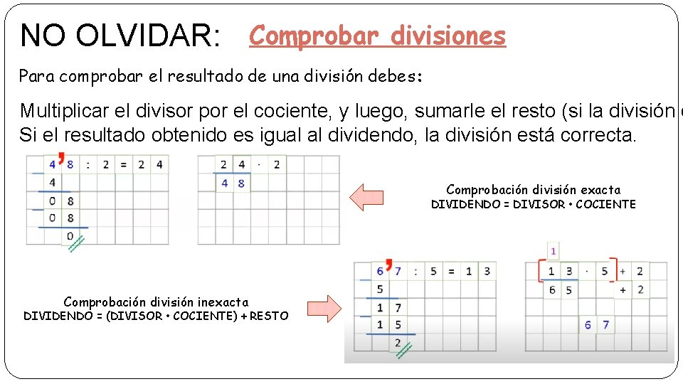 NO OLVIDAR: Comprobar divisiones Para comprobar el resultado de una división debes: Multiplicar el