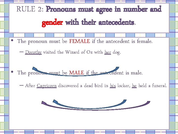 RULE 2: Pronouns must agree in number and gender with their antecedents. • The