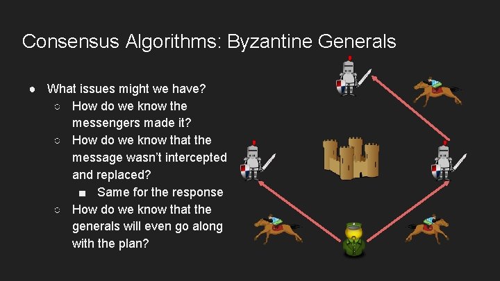 Consensus Algorithms: Byzantine Generals ● What issues might we have? ○ How do we