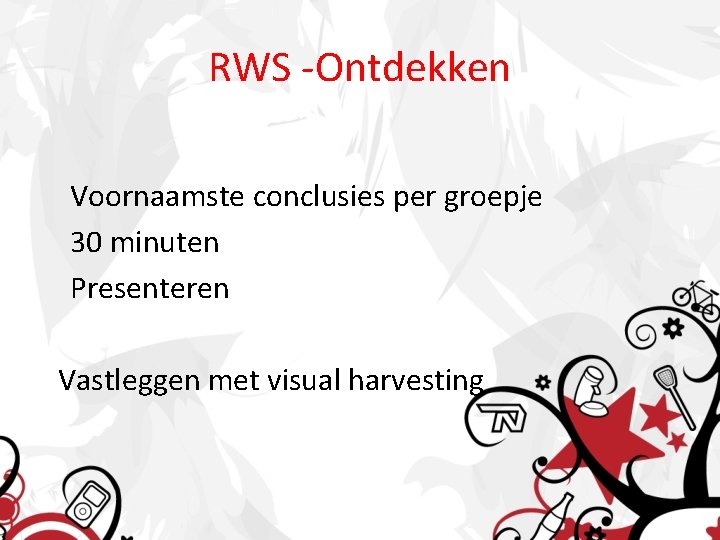 RWS -Ontdekken Voornaamste conclusies per groepje 30 minuten Presenteren Vastleggen met visual harvesting 