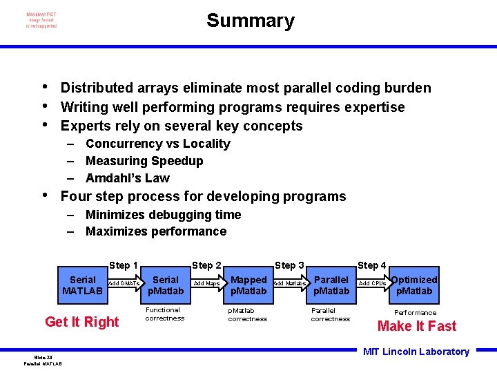 Summary • • • Distributed arrays eliminate most parallel coding burden Writing well performing