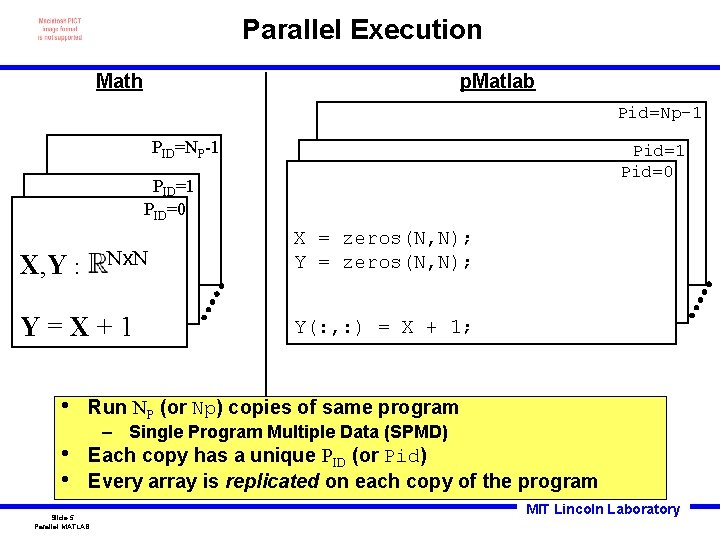 Parallel Execution Math p. Matlab Pid=Np-1 PID=NP-1 Pid=0 PID=1 PID=0 Nx. N X, Y
