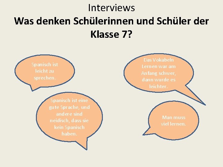 Interviews Was denken Schülerinnen und Schüler der Klasse 7? Spanisch ist leicht zu sprechen.