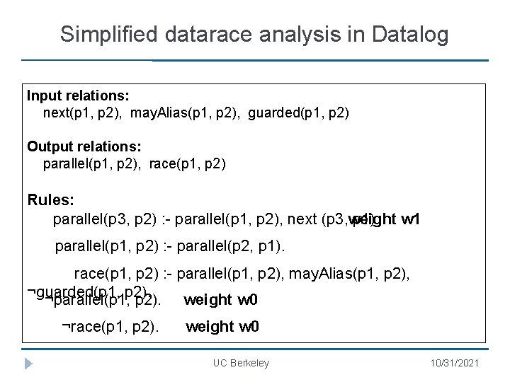 Simplified datarace analysis in Datalog Input relations: next(p 1, p 2), may. Alias(p 1,