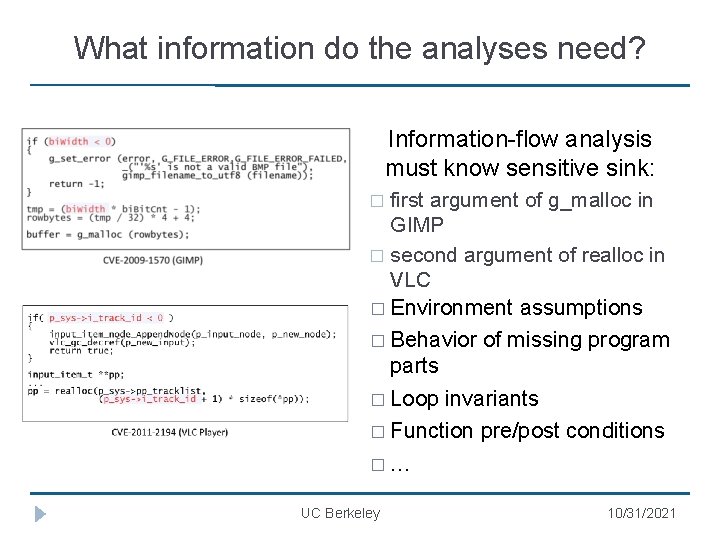 What information do the analyses need? Information-flow analysis must know sensitive sink: first argument
