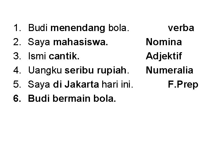 1. 2. 3. 4. 5. 6. Budi menendang bola. Saya mahasiswa. Ismi cantik. Uangku