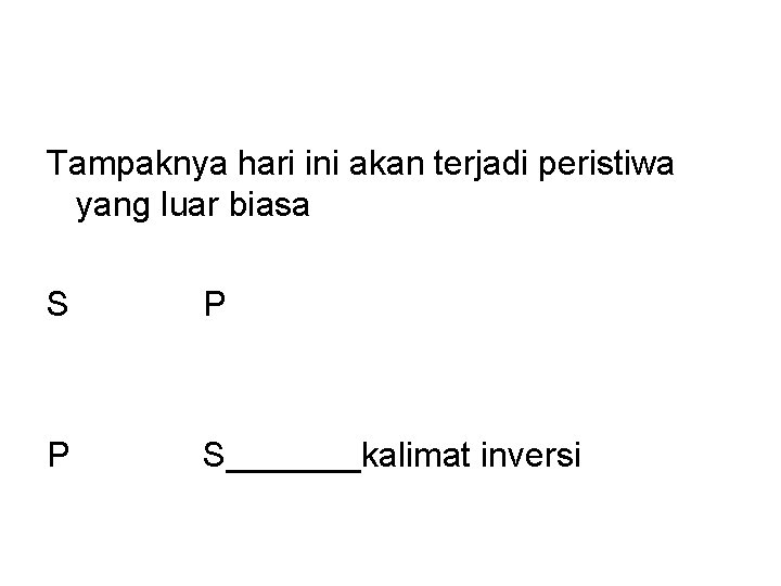 Tampaknya hari ini akan terjadi peristiwa yang luar biasa S P P S_______kalimat inversi