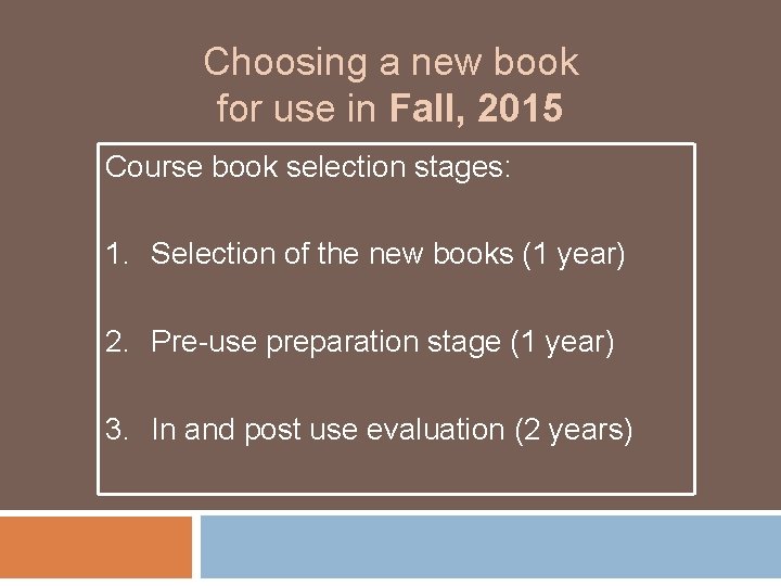 Choosing a new book for use in Fall, 2015 Course book selection stages: 1.